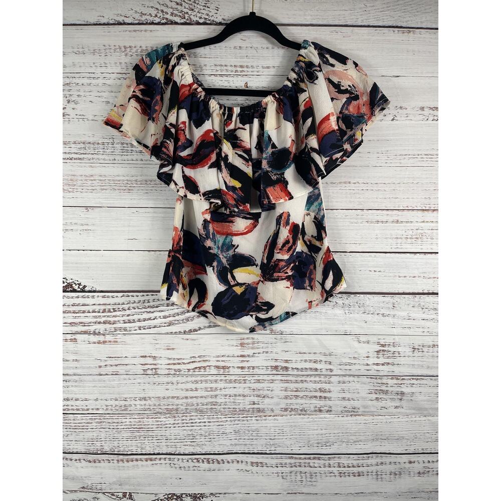 Bar III Blouse Women's XS White Combo Ruffle Off Shoulder Floral Top NWT Summer